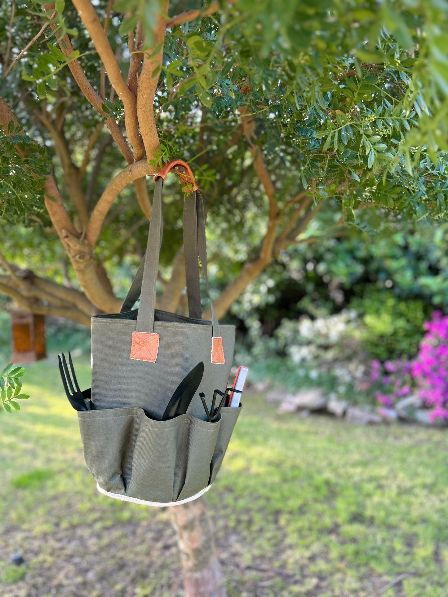 Bolso para jardinería de tela y cuero, con más de 8 bolsillos