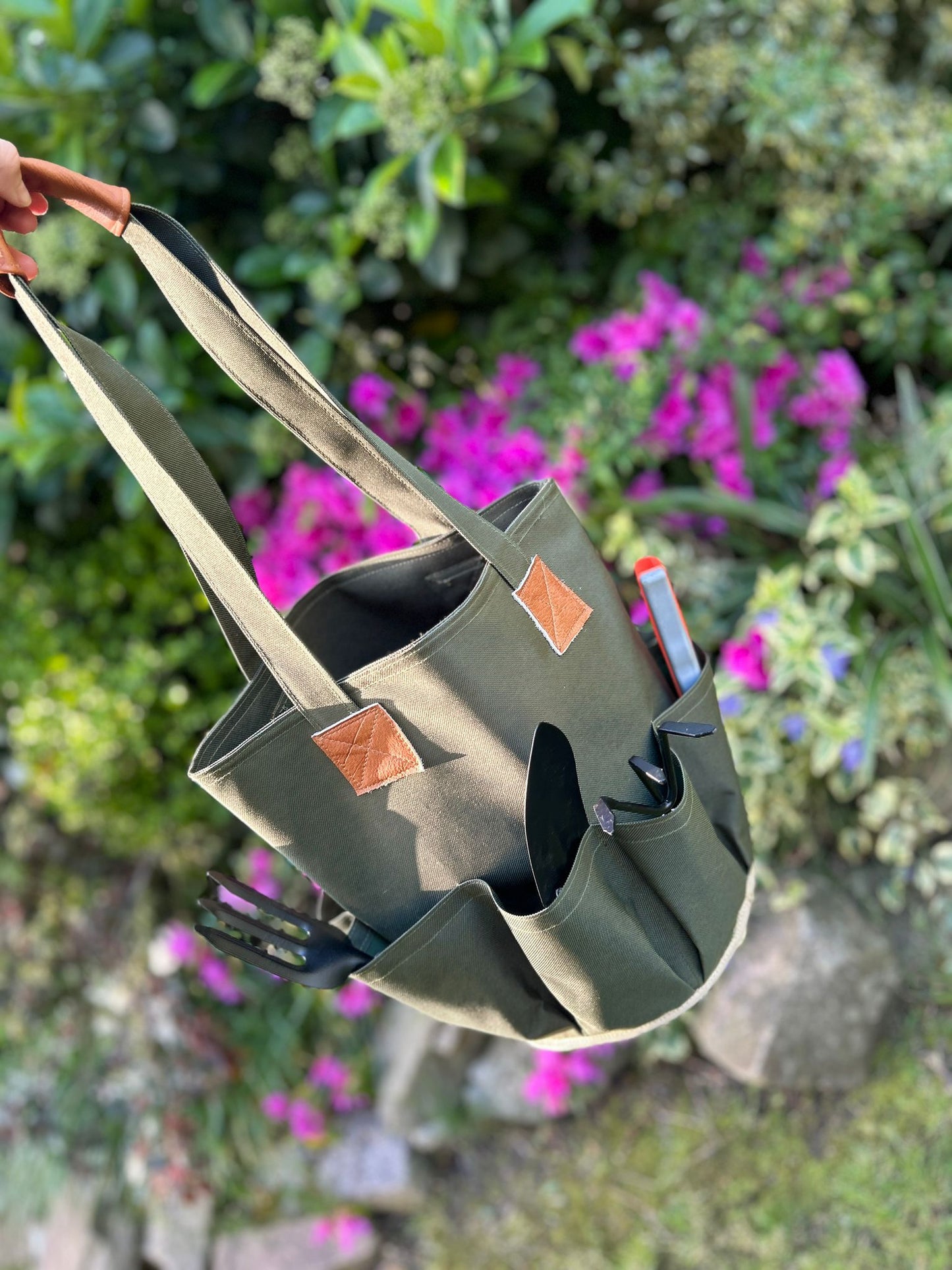 Bolso para jardinería de tela y cuero, con más de 8 bolsillos